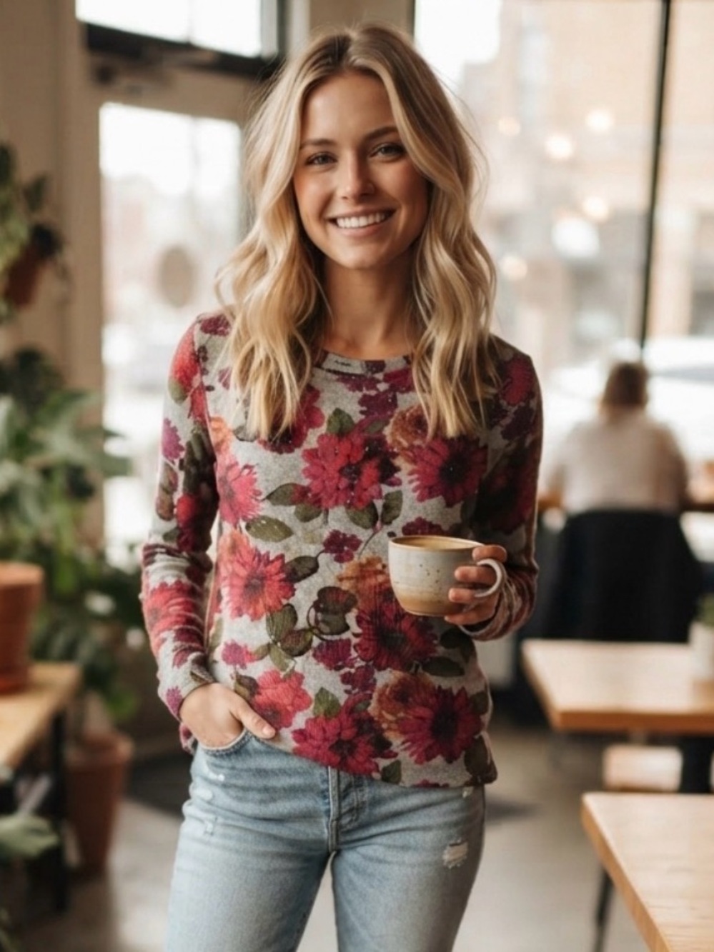 Cathy Daniels Floral Knit Long-Sleeve Top - Red, Green, Gray